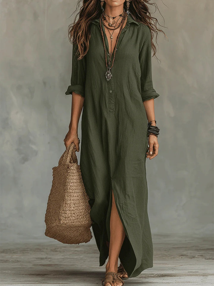 Abito Maxi Camicia con Bottone Frontale e Scollo Aperto