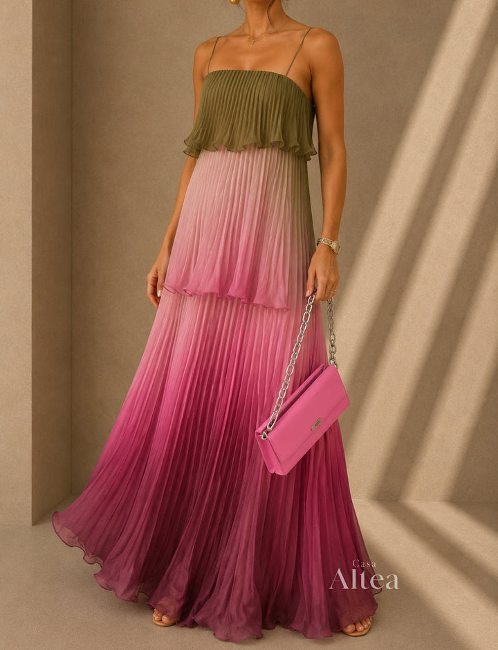 Liora Vestito Maxi Plisettato Multicolore con Volant