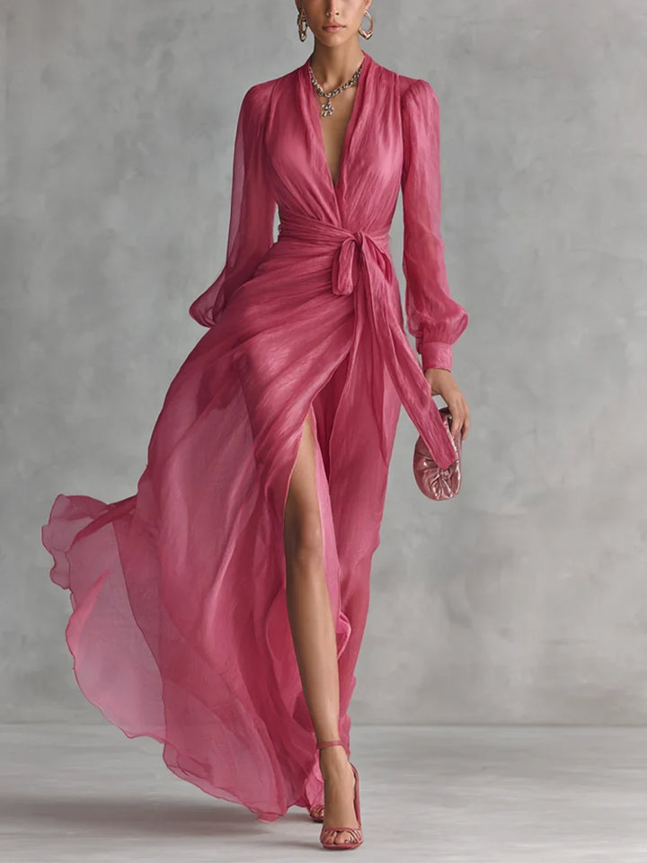 Gloria Vestito Maxi in Chiffon con Scollatura a V
