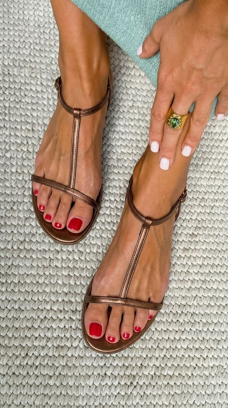 Sandali piatti in look metallico con cinturini a forma di T
