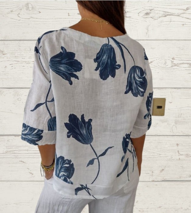 Maglietta Pullover in Lino-Cotone con Scollatura a V