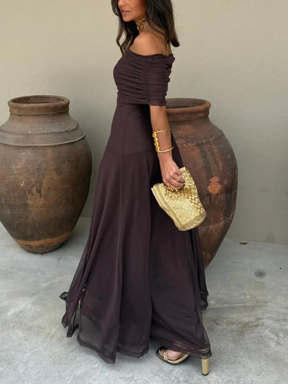 Abito Maxi in Rete con Spalla Scoperta Marrone