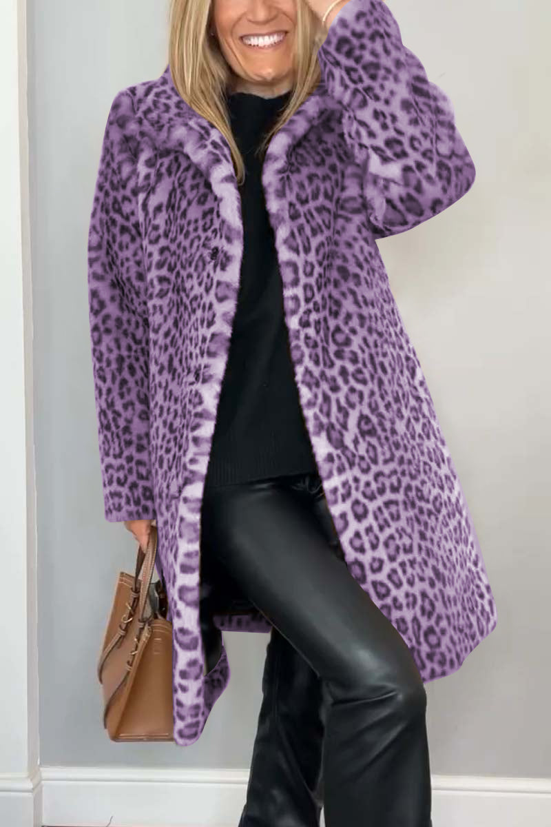 Cappotto in pelliccia sintetica a metà lunghezza con stampa leopardata elegante