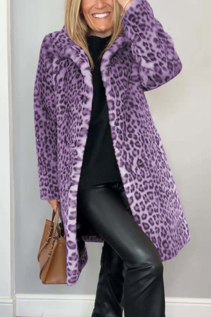 Cappotto in pelliccia sintetica a metà lunghezza con stampa leopardata elegante