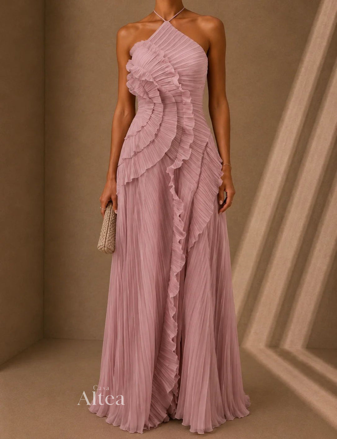 Celeste Vestito Maxi Plissettato con Volant