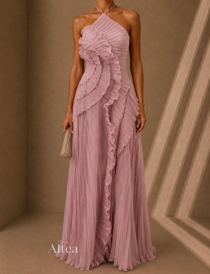 Celeste Vestito Maxi Plissettato con Volant