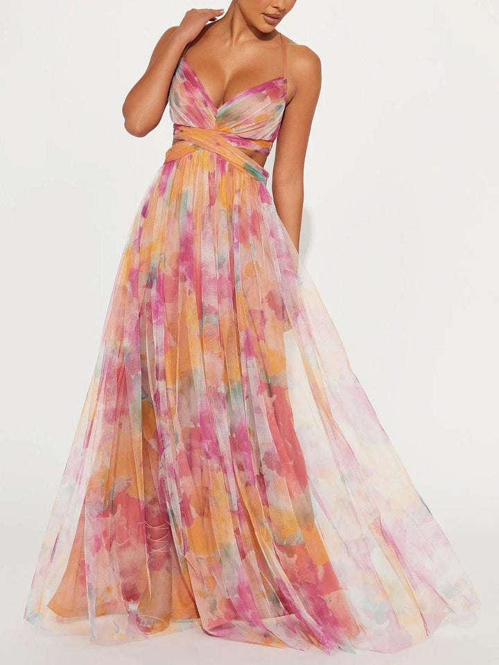 Elegante Abito Maxi A-Line con Stampa Floreale Dipinta e Scollatura a V
