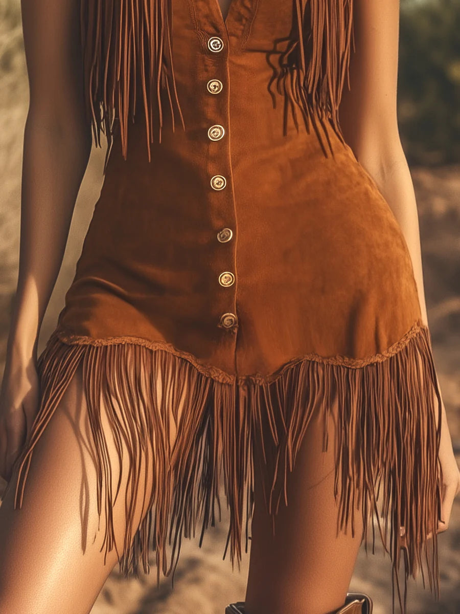 Vestito Mini Senza Maniche in Suede Marrone Occidentale con Frange