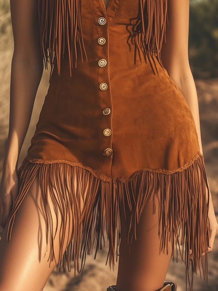 Vestito Mini Senza Maniche in Suede Marrone Occidentale con Frange