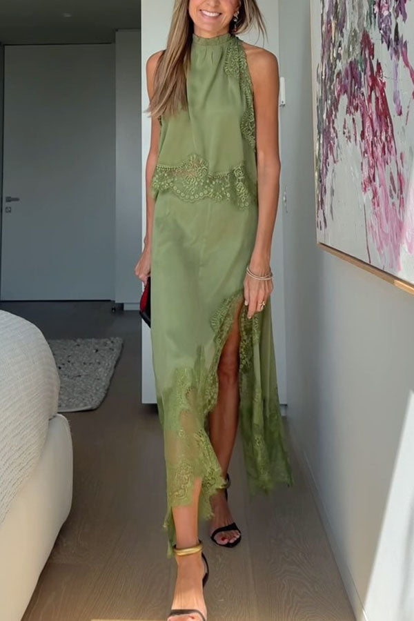 Top con Collo Plissettato in Pizzo + Gonna con Fessura Irregolare
