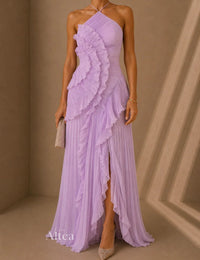 Celeste Vestito Maxi Plissettato con Volant