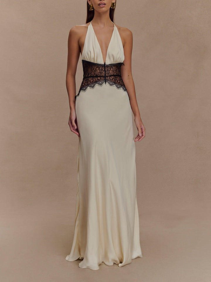 Abito maxi in seta satinata con scollo all'americana
