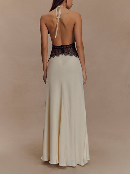 Abito maxi in seta satinata con scollo all'americana