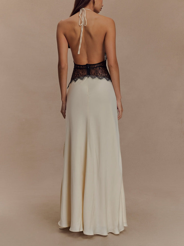 Abito maxi in seta satinata con scollo all'americana