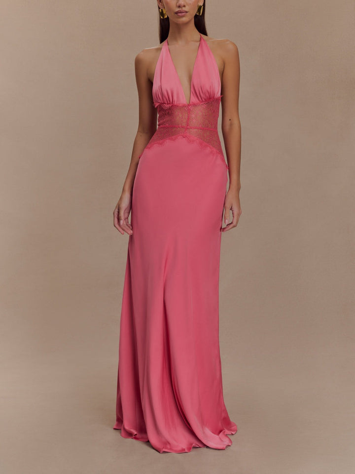 Abito maxi in seta satinata con scollo all'americana