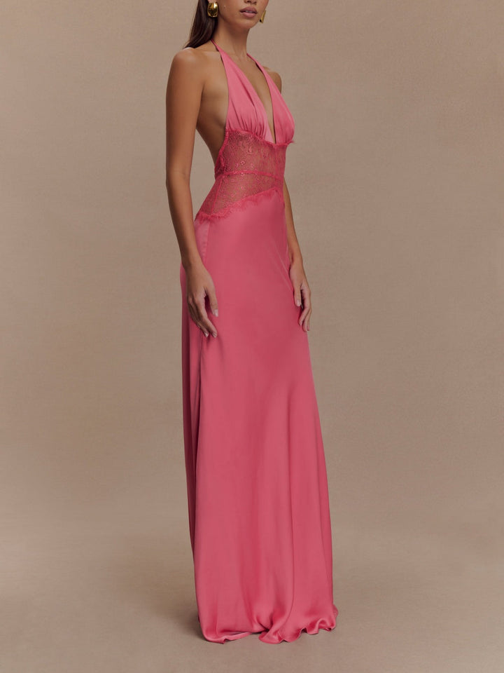 Abito maxi in seta satinata con scollo all'americana