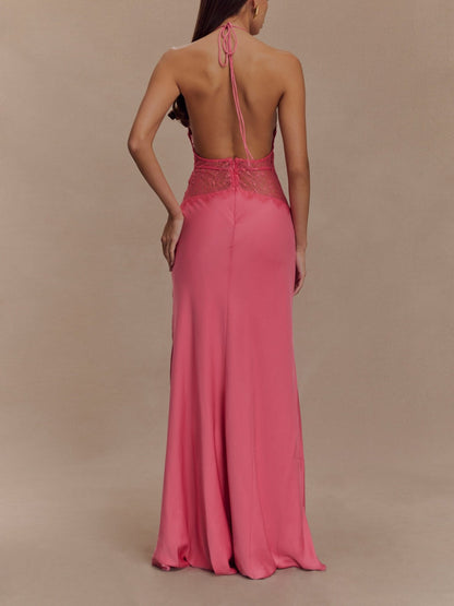 Abito maxi in seta satinata con scollo all'americana