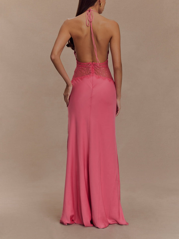 Abito maxi in seta satinata con scollo all'americana