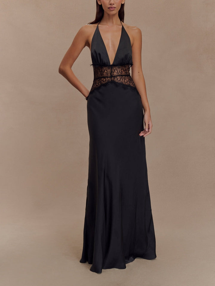 Abito maxi in seta satinata con scollo all'americana