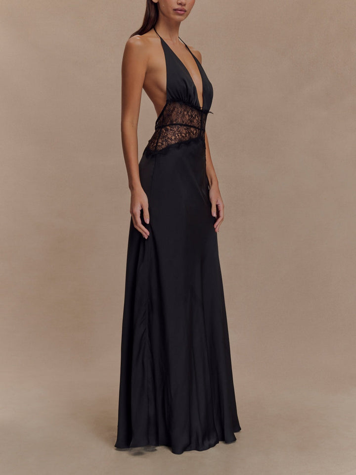 Abito maxi in seta satinata con scollo all'americana