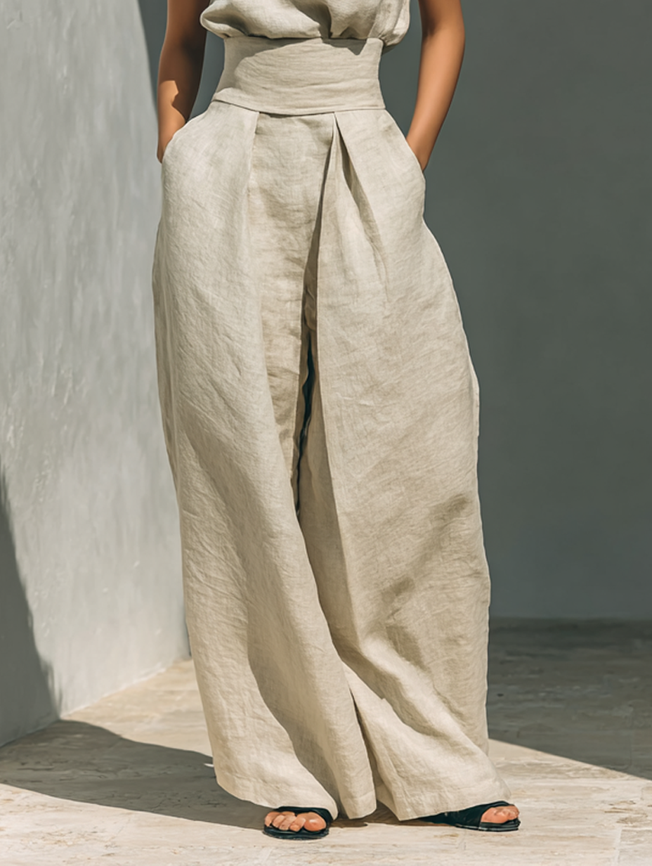 Set minimalista da donna con blusa senza maniche e pantaloni a gamba larga