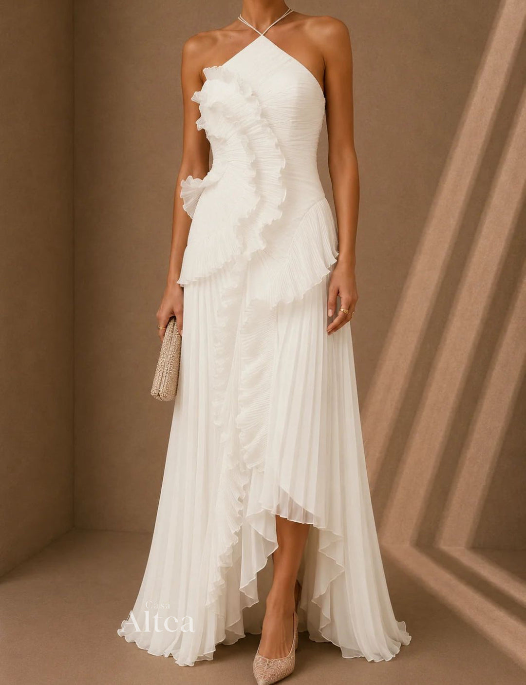 Celeste Vestito Maxi Plissettato con Volant