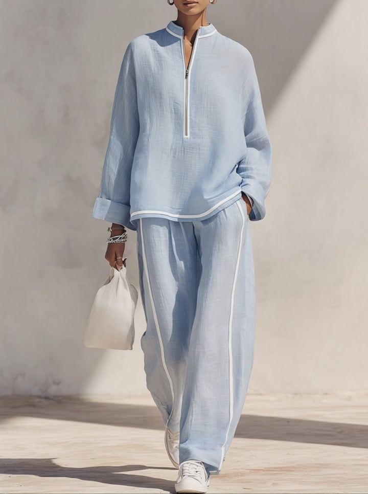 Set da Donna in Lino Blu Chiaro con Collo Alto e Mezza Zip, Top Oversize e Pantaloni a Gamba Larga