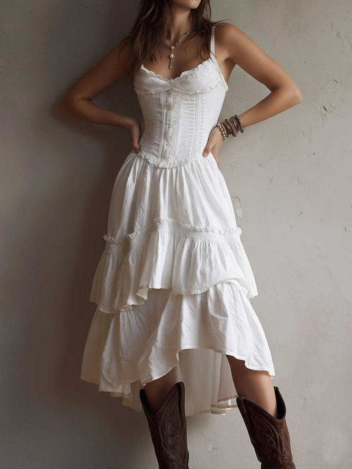 Abito Midi Tiered Boho Retro con Pizzo