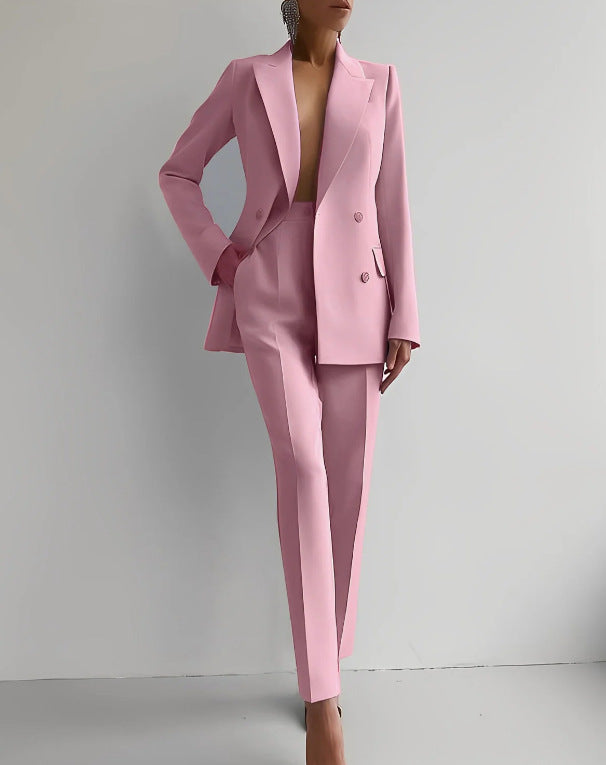 Blazer e Pantaloni a Vita Alta in Colore Solido per Commuting Casual