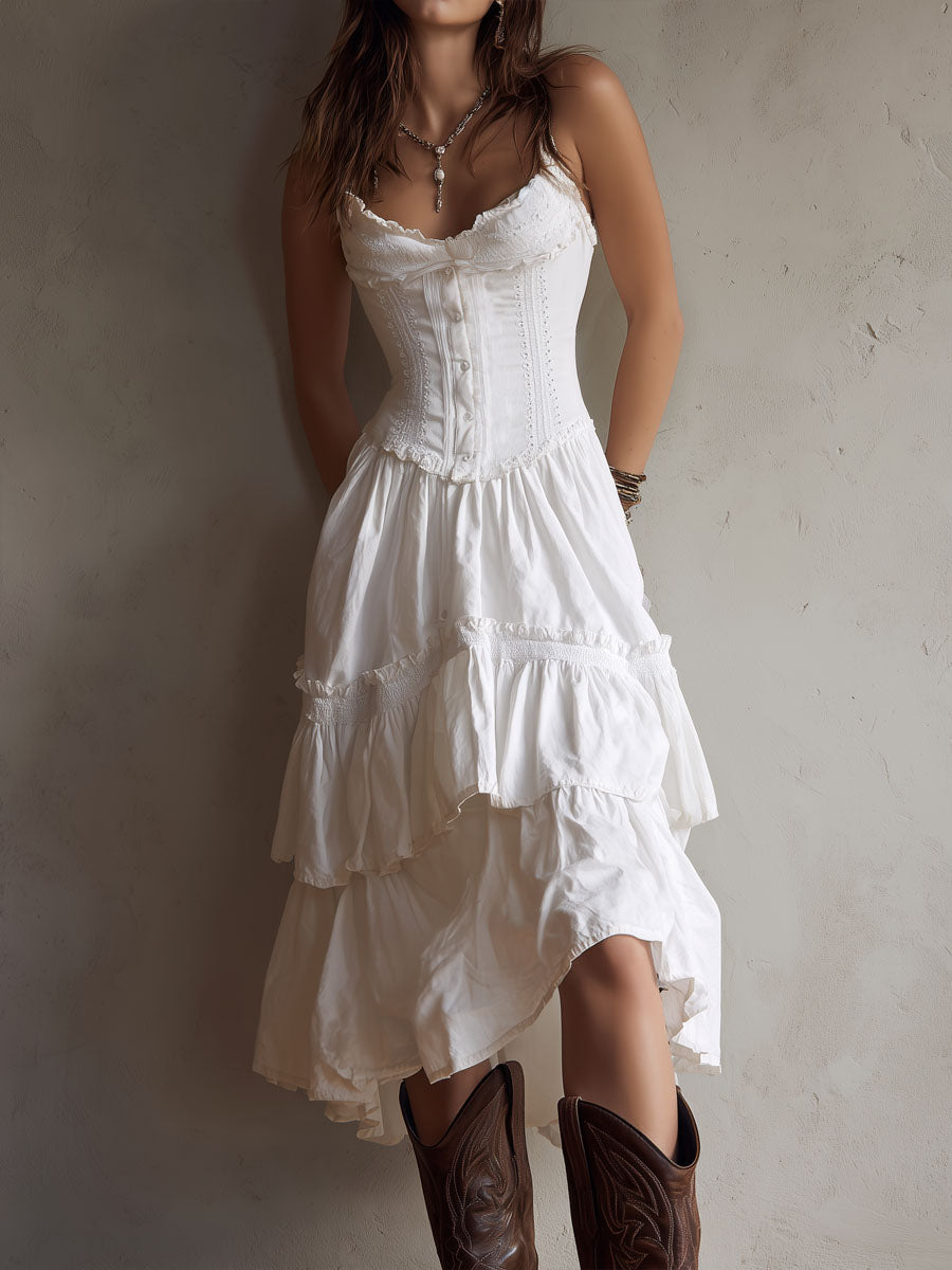 Abito Midi Tiered Boho Retro con Pizzo