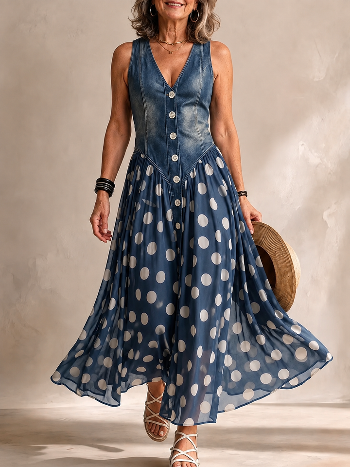 ADELINE | ABITO LUNGO IN DENIM A POIS