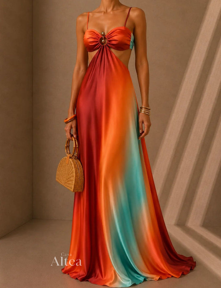 Zahara Vestito Maxi Satinato Degradato con Aberture