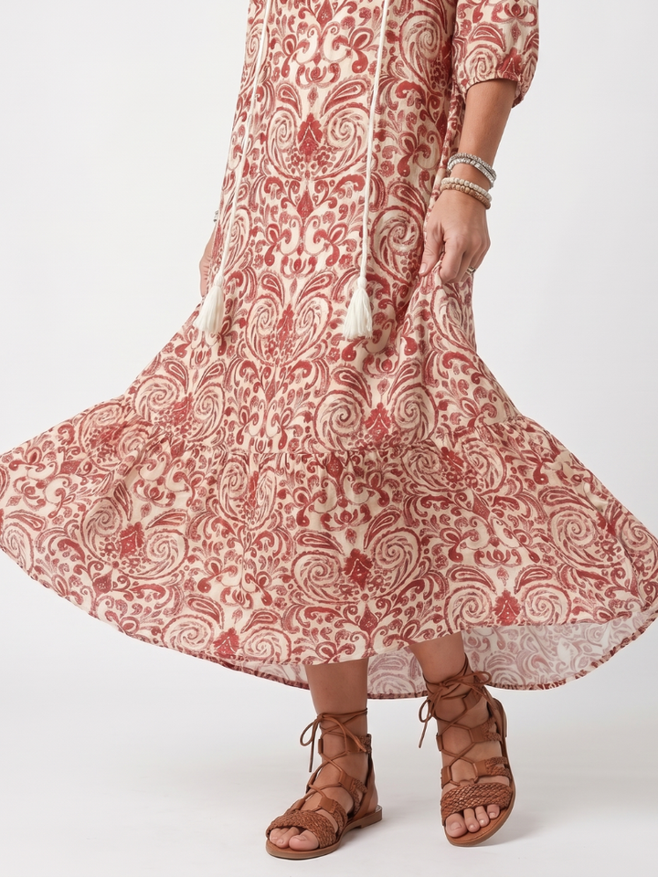 Noelle | Abito Midi con Stampa Ornata e Fiocco a Nappa