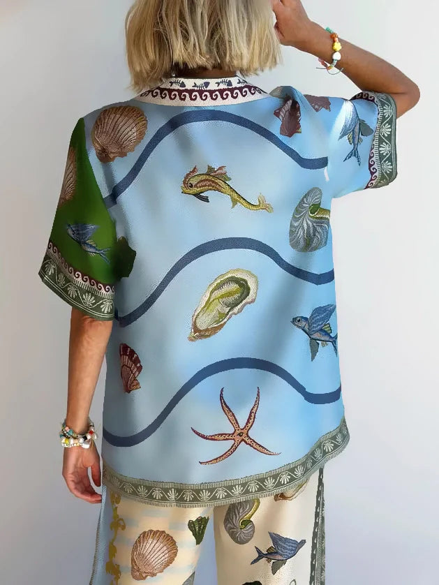 Set di Camicia e Pantaloni Loose con Stampa Floreale Unica del Profondo Mare