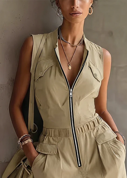 Vestito Mini Casual Utilitario Senza Maniche Beige