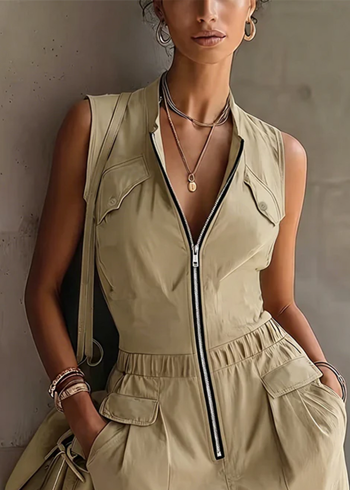 Vestito Mini Casual Utilitario Senza Maniche Beige