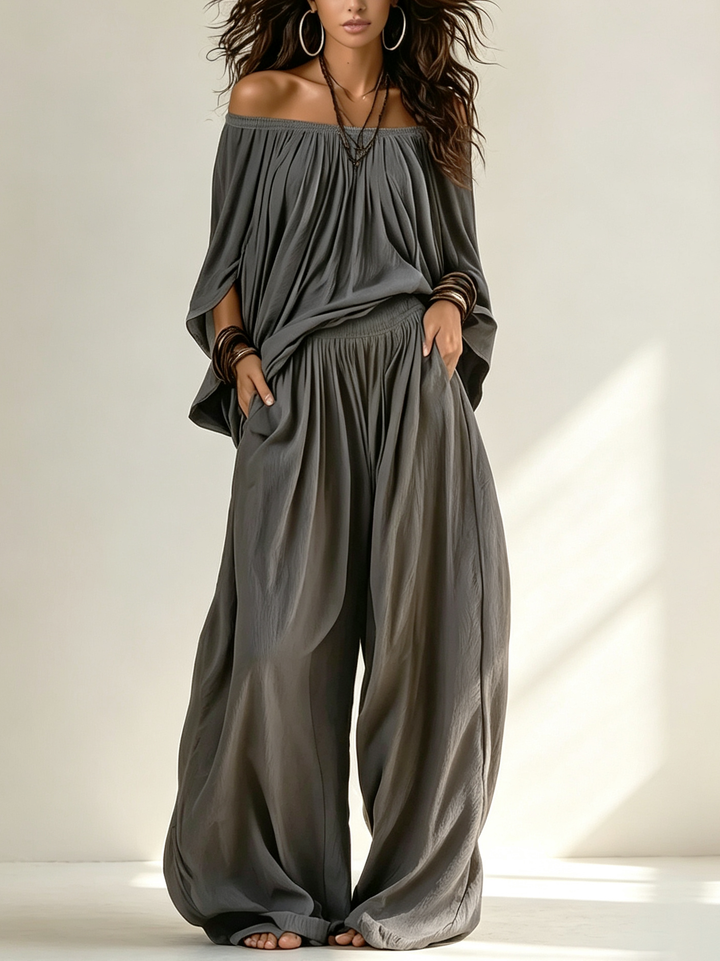 Set Due Pezzi in Cotone Puro Grigio Scuro con Top e Pantaloni a Spalle Scoperte