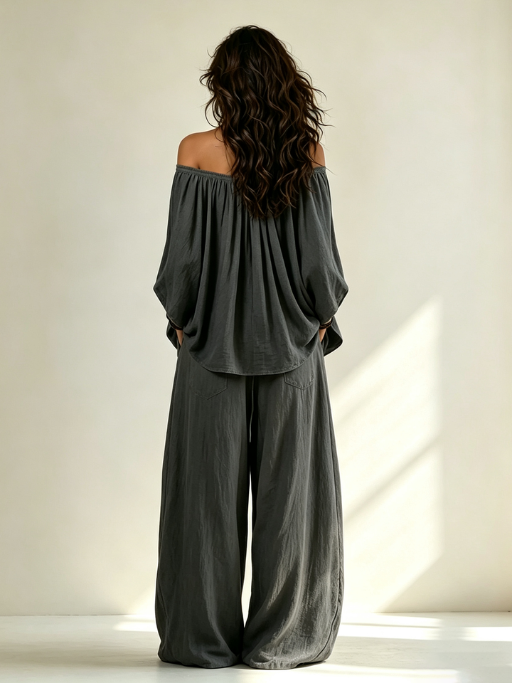 Set Due Pezzi in Cotone Puro Grigio Scuro con Top e Pantaloni a Spalle Scoperte