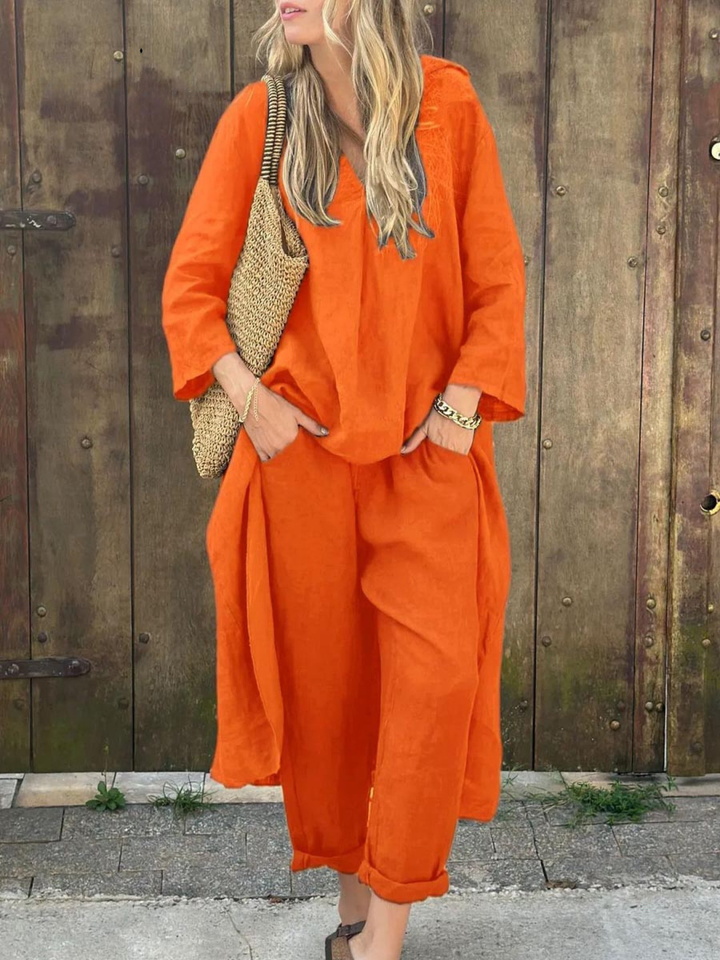 Set Top in Lino Irregolare con Scollo a V e Pantaloni Larghi a Vita Alta con Tasche