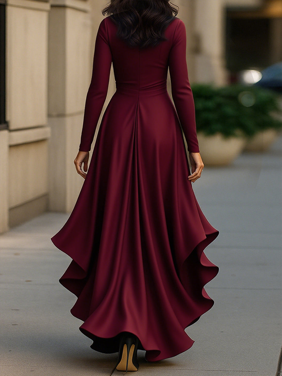 Palma | Abito Maxi in Satin Drappeggiato con Dettagli a Volant