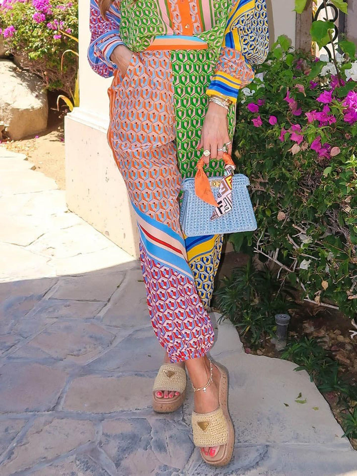 Pantaloni Bloomers Larghi con Stampa Unica Colorata e Tasche