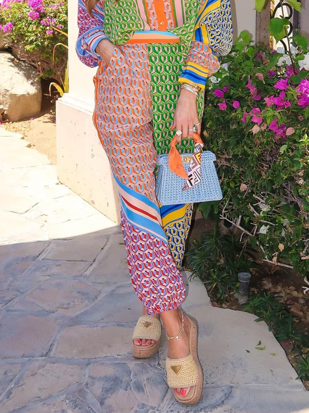 Pantaloni Bloomers Larghi con Tasche e Vita Elastica a Stampa Unica Colorata