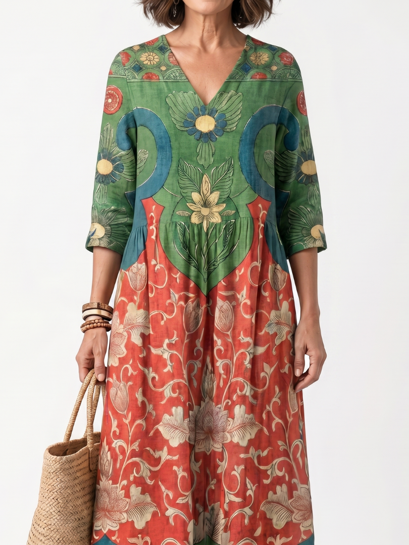 Sloane | Abito Midi a V con Tasche e Stampa Mista