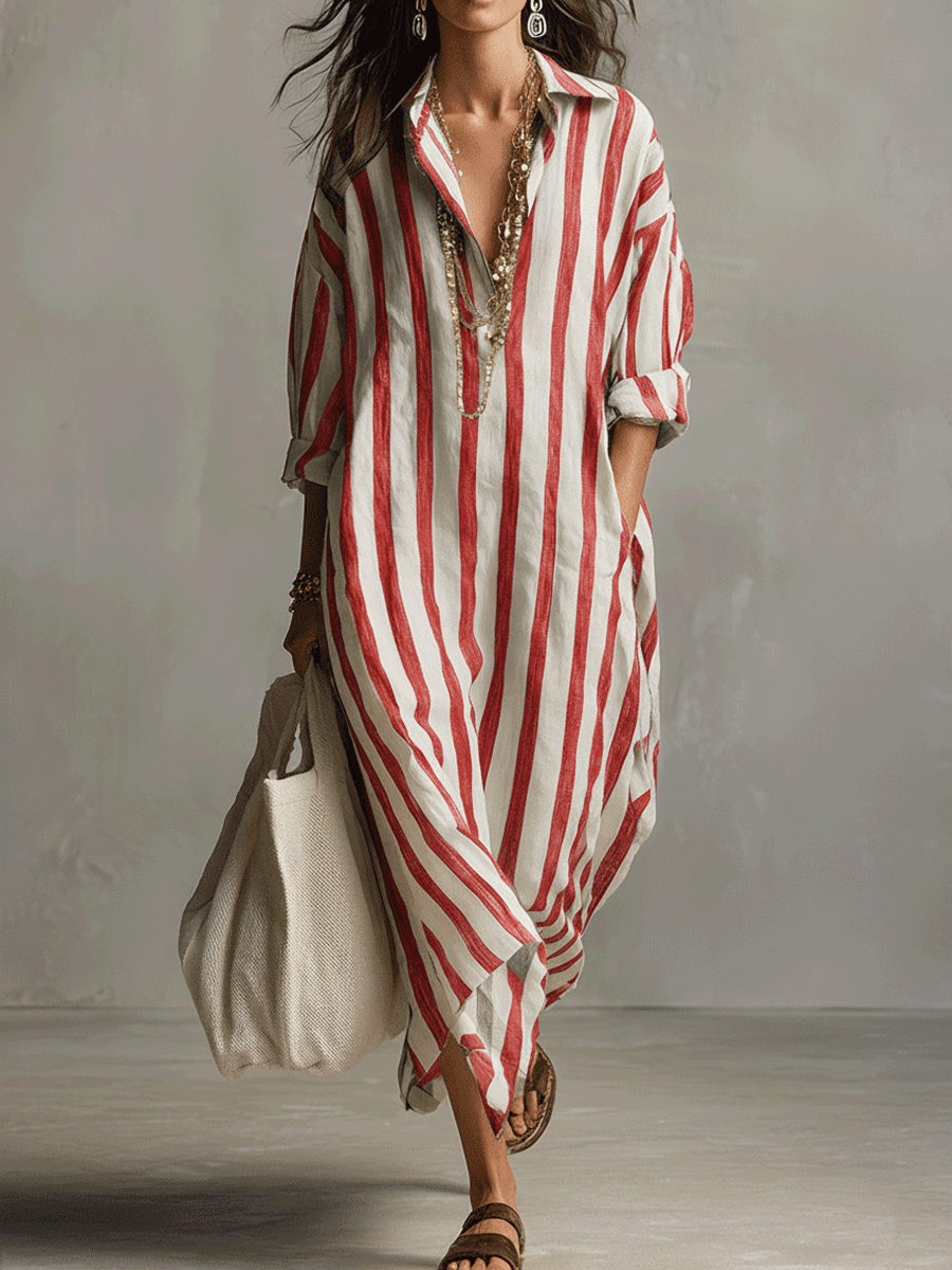 Abito Maxi Stile Bohemien con Camicia a Righe Casual