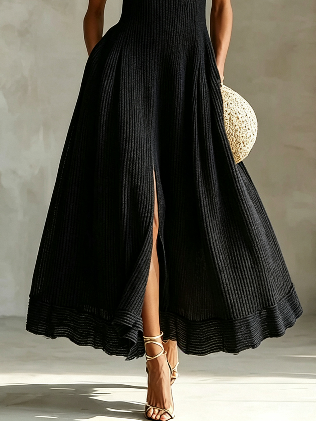 Abito Maxi A-Line Elegante a Righe Senza Maniche in Maglia Stretch