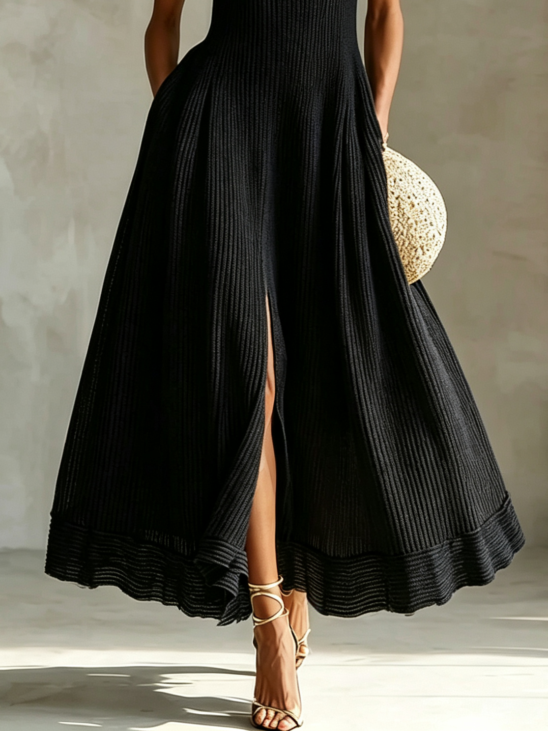 Abito Maxi A-Line Elegante a Righe Senza Maniche in Maglia Stretch