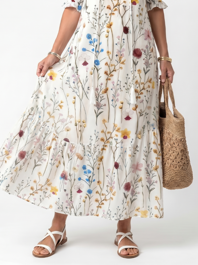 Sylvie | Abito Midi con Stampa Botanica e Fiocchi