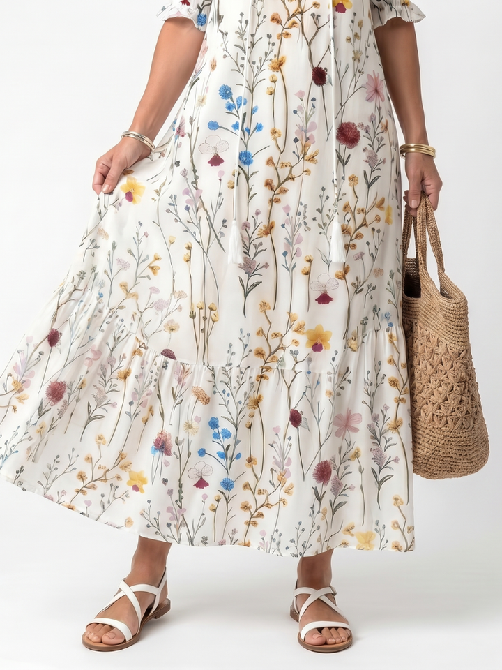 Sylvie | Abito Midi con Stampa Botanica e Fiocchi