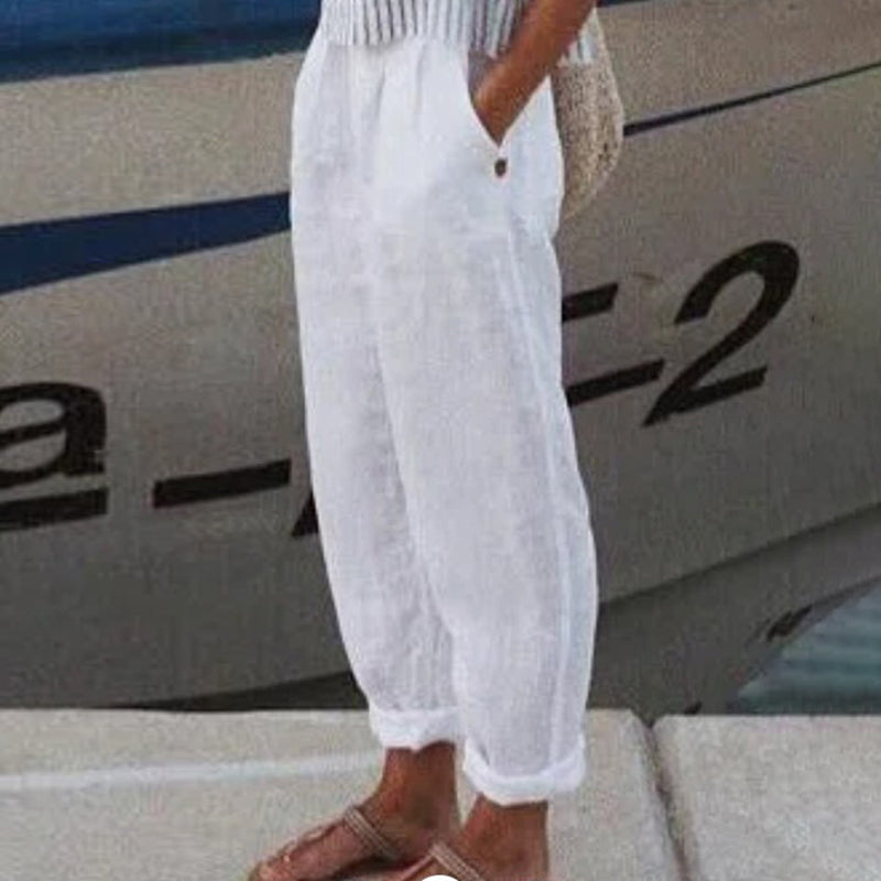 Pantaloni Casual in Cotone e Lino a Colore Unito