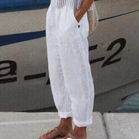 Pantaloni Casual in Cotone e Lino a Colore Unito